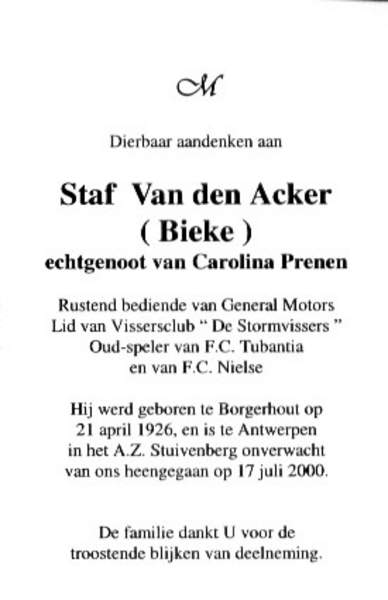 Bidprentje Staf Van Den Acker